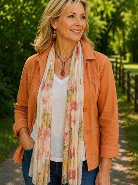 Peach Green Floral Flutter Scarf Lightweight Women Accessory